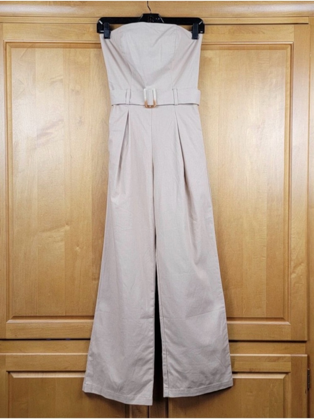 Monteau Tan Linen Blend Belted Strapless Jumpsuit With Pockets - XS
